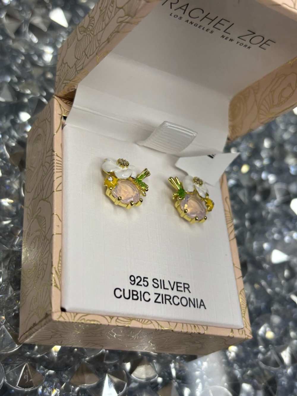 Rachel Zoe Gold-Tone Pink and Green Cubic Zirconia Stud Earrings - Picture 4 of 6